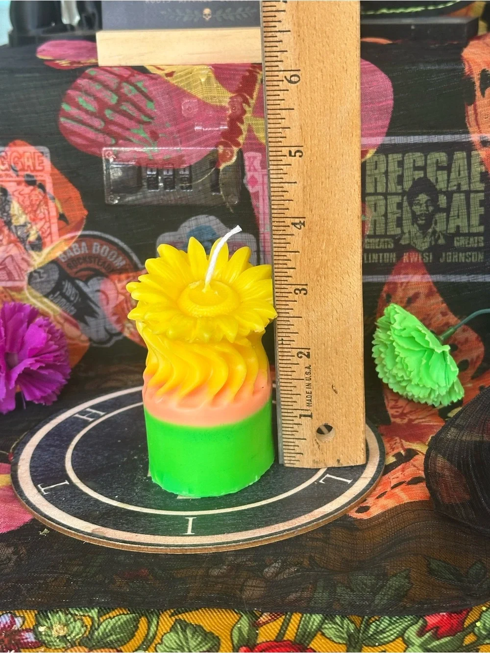 Handmade Sunflower Pillar Candle – Bright Yellow, Peach & Green Floral Candle